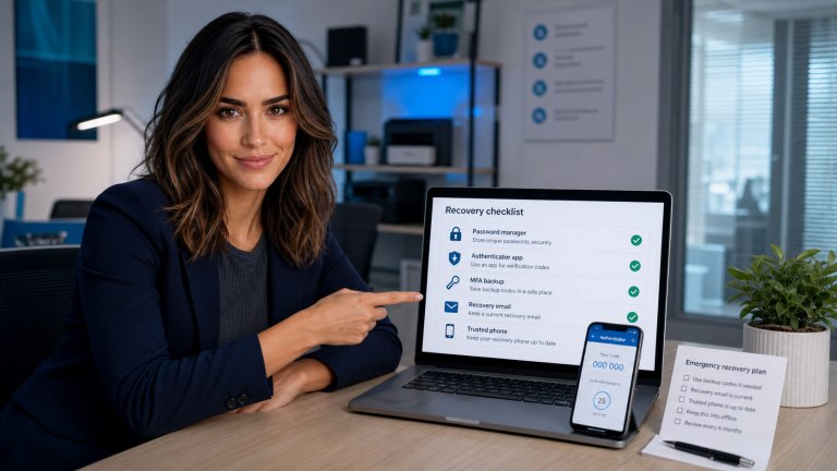 Jennifer from The IT Guys pointing to an account recovery checklist with password manager, authenticator app, MFA backup codes, recovery email, and trusted phone steps.