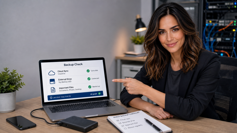 Jennifer points to a laptop backup checklist with cloud sync, an external drive, and important files marked as backed up.