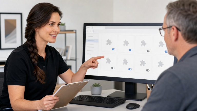 Jennifer helping a customer review browser extensions on a desktop computer