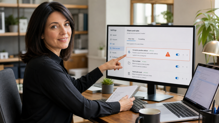 Jennifer reviewing email forwarding and inbox rules with a small business owner