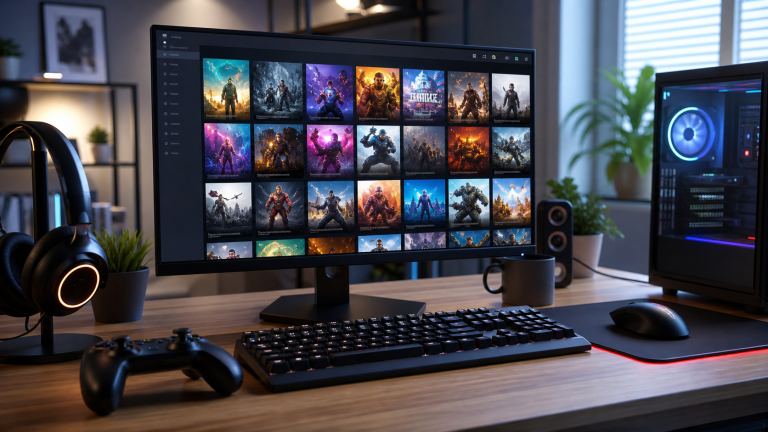 Gaming desk with PC game library screen for Steam free games and free weekend roundup