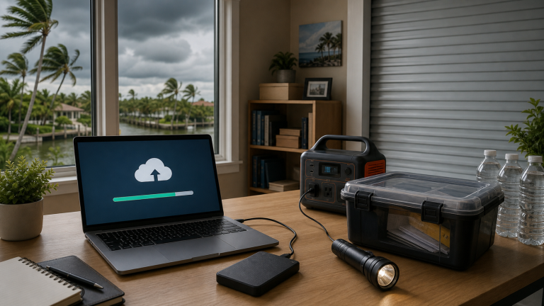 Hurricane preparedness desk with laptop cloud backup, external drive, power station, flashlight, water, and waterproof document box
