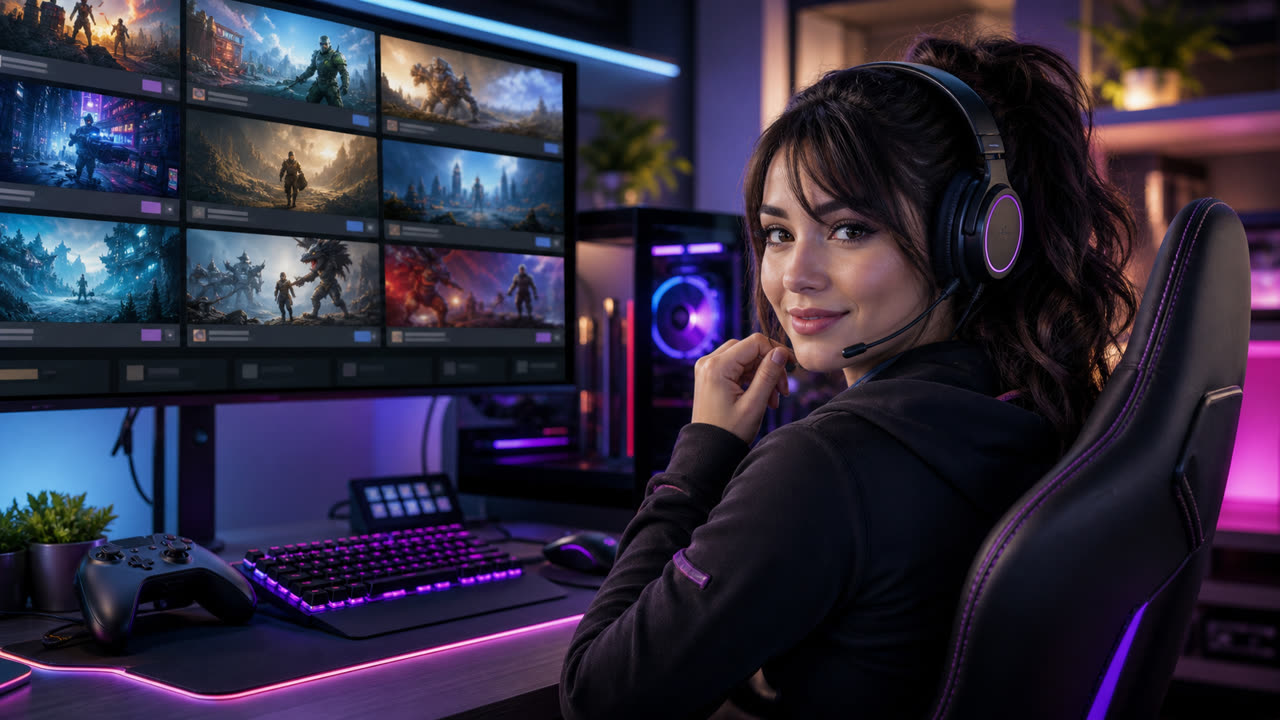 Jennifer gaming at a PC setup for June 2026 PC games article