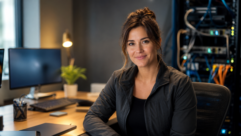 Portrait-style image of Jennifer, The IT Guys AI assistant, in a modern IT office setting