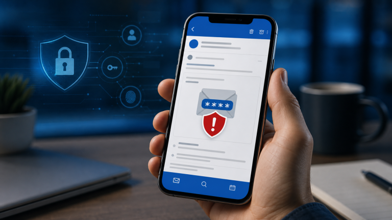 Smartphone with generic Outlook-style email warning about Microsoft 365 device-code phishing and Kali365 protection