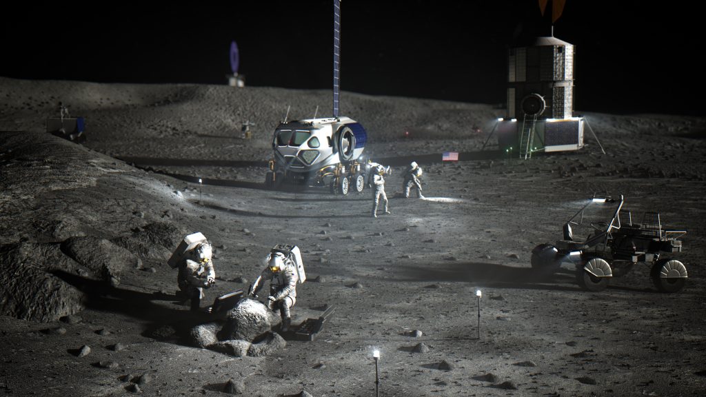 NASA Artemis Base Camp concept with astronauts, rover, habitat, and lunar surface systems