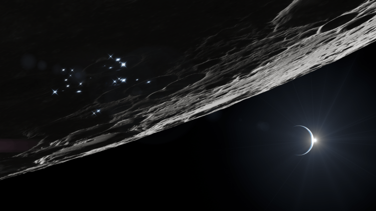 NASA concept artwork showing lights and activity near the lunar South Pole for future Moon base operations.