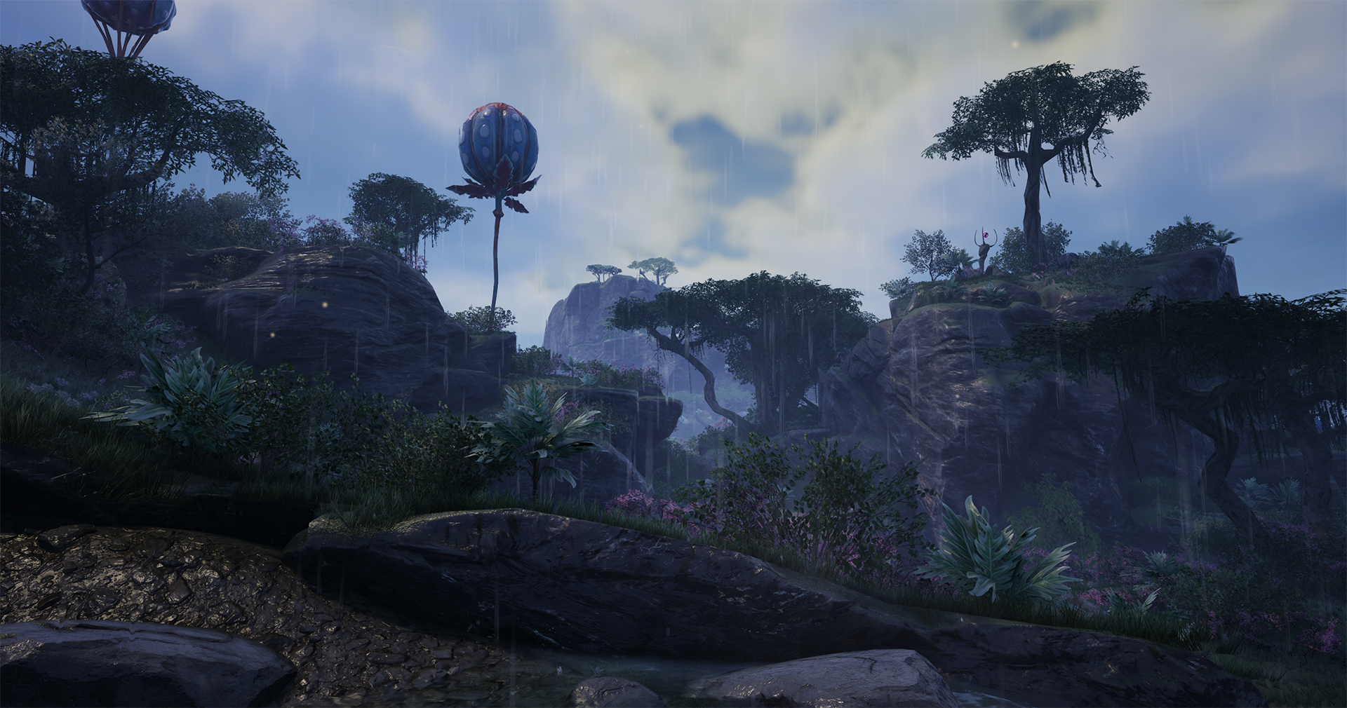 Official Satisfactory 1.2 weather screenshot showing rain and atmosphere
