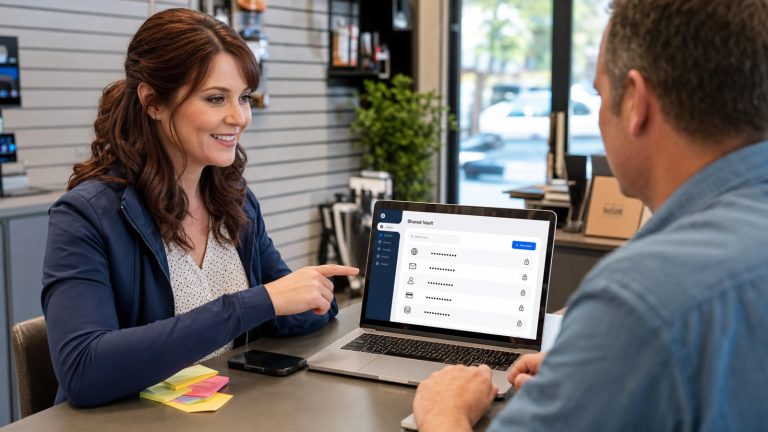 Jennifer helping a small business organize shared passwords in a secure password manager vault