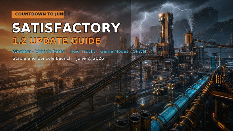 Bold Satisfactory 1.2 factory scene with June 2 2026 release countdown styling