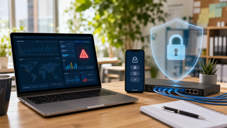Small business cybersecurity desk with laptop alerts and multi-factor authentication phone for May 26 2026 security threat briefing.