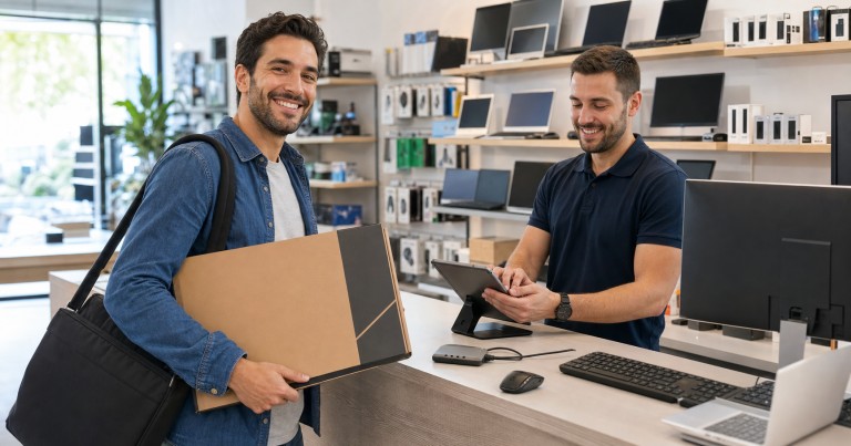 Happy customer purchasing a laptop and computer accessories at a friendly local technology service counter.