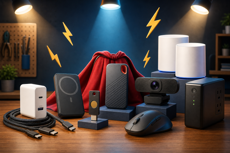 A fun tech survival kit with USB-C chargers, cables, power bank, hardware security key, portable SSD, webcam, ergonomic mouse, UPS battery backup, and Wi-Fi gear arranged like a superhero team.