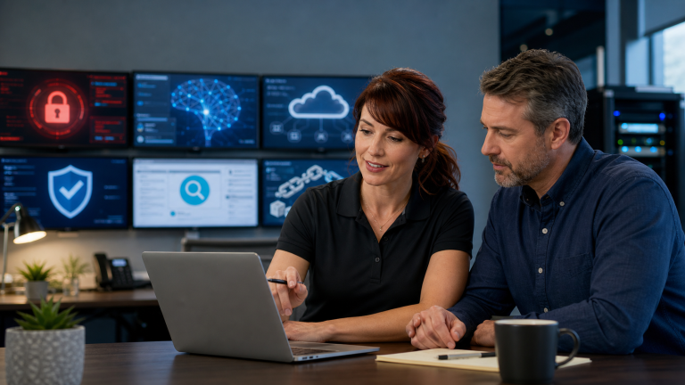 Jennifer reviewing AI, cybersecurity, privacy, and small business technology news for The IT Guys