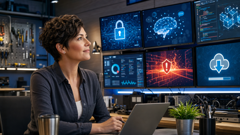 Jennifer reviewing May 29 2026 technology news about firewall exploits, fake AI downloads, open source security, and AI agent controls