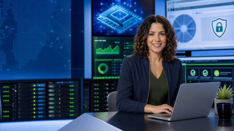 Jennifer at a technology news desk with abstract cybersecurity and AI hardware screens for the May 30 2026 tech news recap
