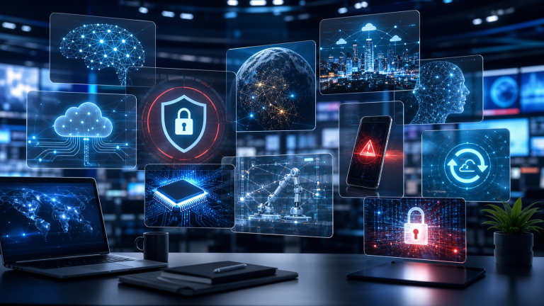 Tech news roundup image showing AI search, cybersecurity, mobile apps, and data center infrastructure themes for May 25 2026