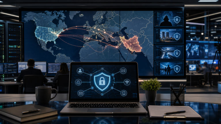 News-style cybersecurity image about U.S.-Iran conflict cyber risk, small business protection, phishing defense, and critical infrastructure security
