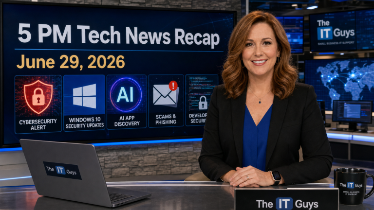 Jennifer presenting The IT Guys 5 PM Tech News Recap for June 29, 2026 in a realistic technology newsroom.