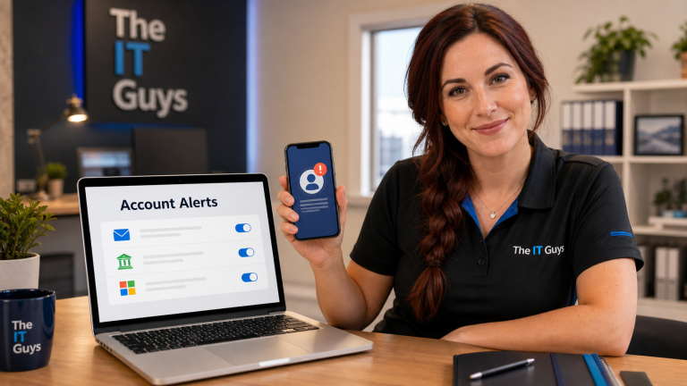 Jennifer from The IT Guys helping a small business turn on account activity alerts for sign-ins and payments.