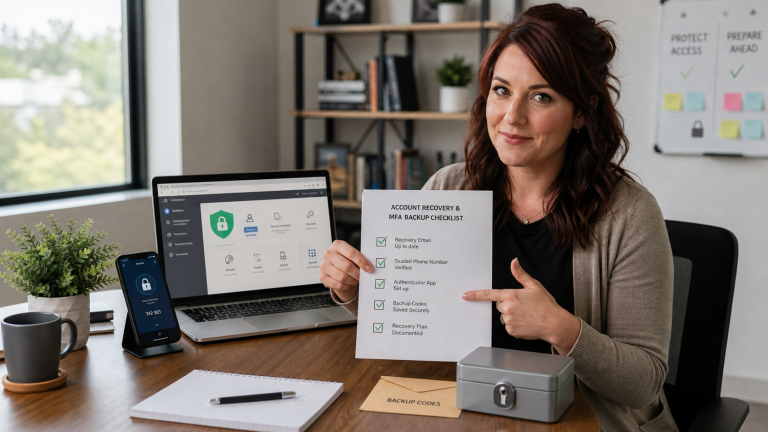 Jennifer holding an account recovery and MFA backup checklist with a laptop, phone, and secure backup-code storage