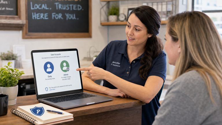 Jennifer helping a small business separate daily user and administrator accounts on a laptop