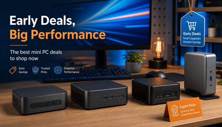 A polished retail technology scene showing compact mini PCs and early Prime-style sale tags for June 2026 deals