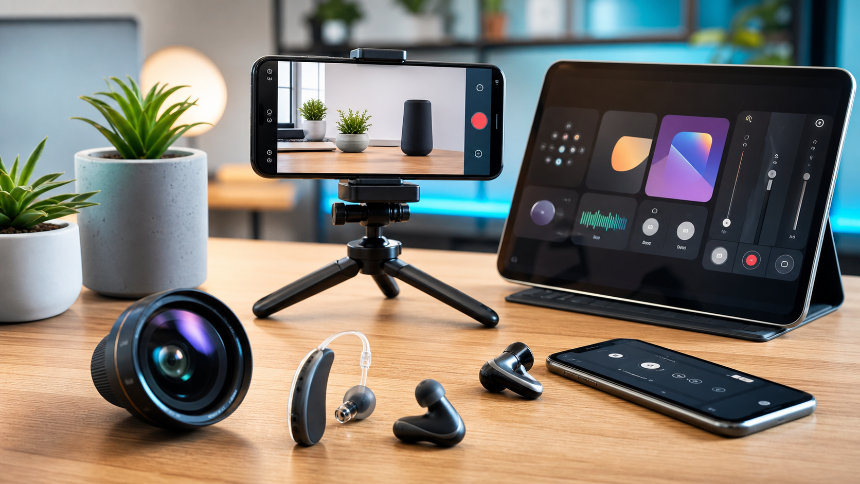 Generic Android phone and tablet showing camera, screen recording, and audio accessibility tools