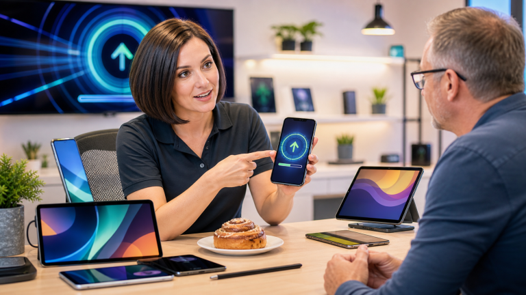 Jennifer explaining Android 17 Cinnamon Bun features and Pixel update timing with generic Android style phones