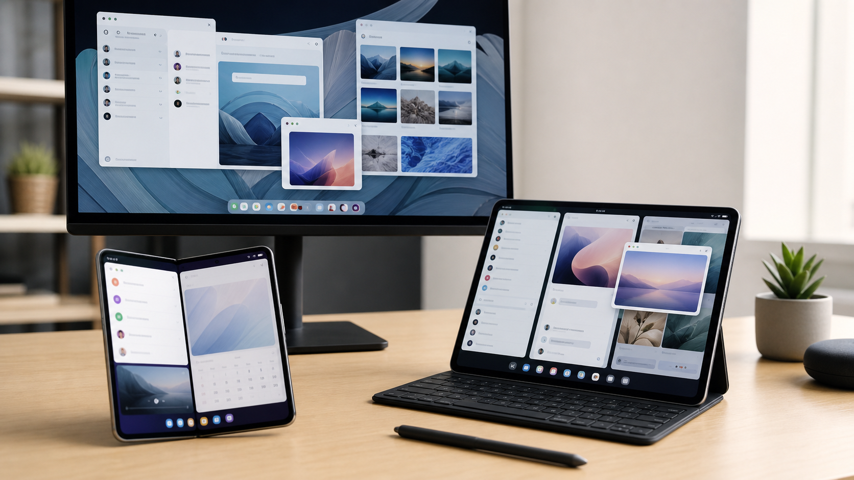 Generic Android tablet, foldable phone, and monitor showing large screen multitasking features