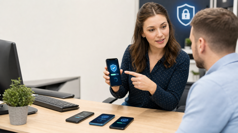 Jennifer at an IT help desk advising a customer to update Android phones for CVE-2026-0073