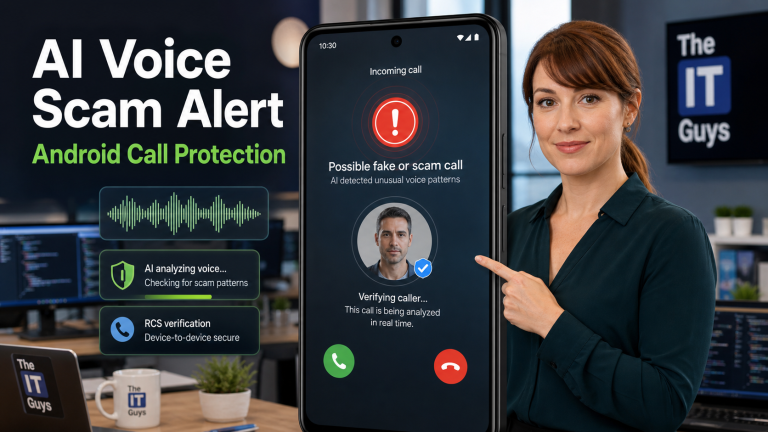 Jennifer explaining Android fake call detection and AI voice scam warnings on a phone screen