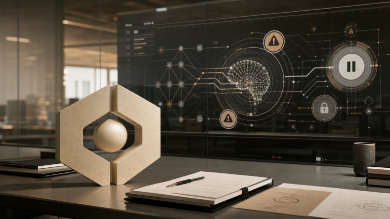Anthropic themed AI safety news image with abstract containment rings, pause symbol, and AI system diagram