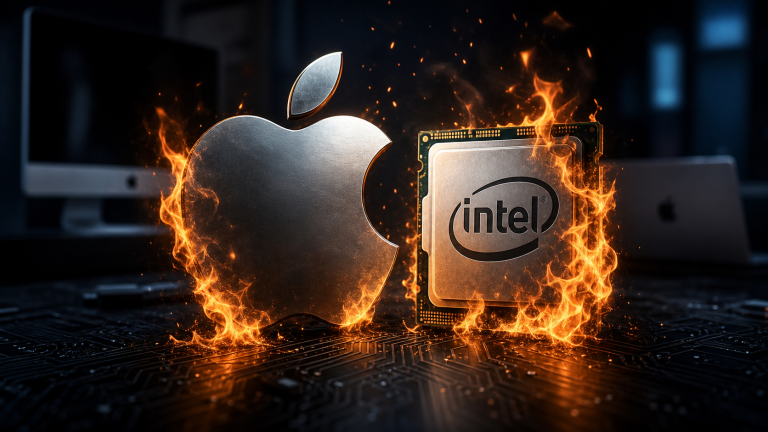 Apple and Intel processor logos on fire to represent macOS 27 dropping Intel Mac support