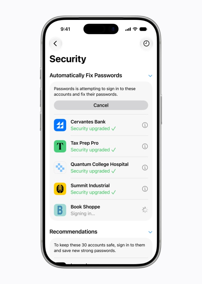 Official Apple Intelligence screenshot showing Passwords upgrade support.