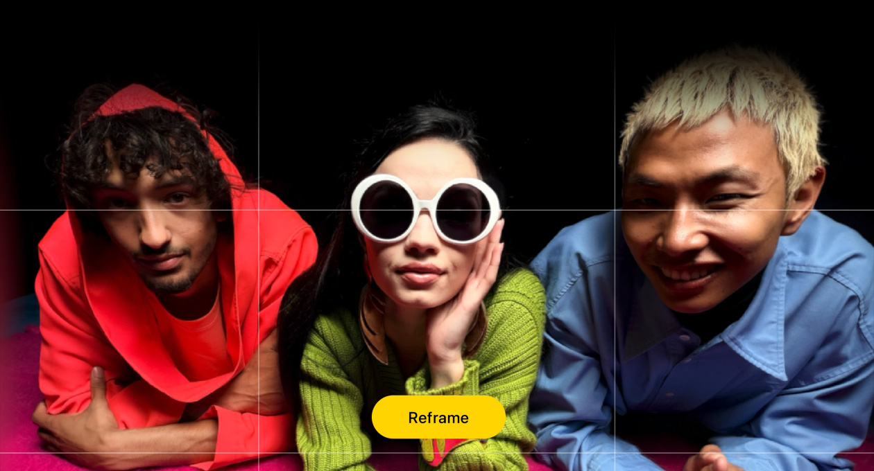 Official Apple iOS 27 screenshot showing the Reframe photo tool.