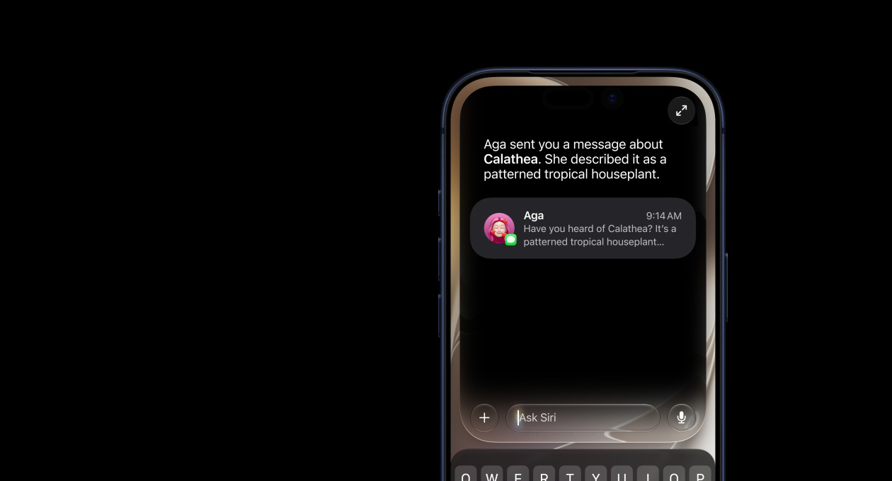Official Apple iOS 27 screenshot showing Siri AI using context from a Messages conversation.