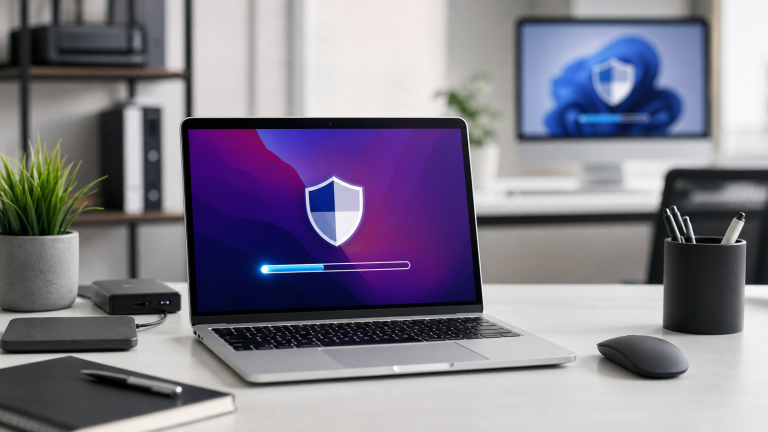 Professional Mac security update scene with laptop, shield icon, and update readiness visuals for small-business patching