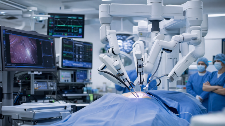Robotic surgical arms operating in a modern operating room with monitors and clinicians observing