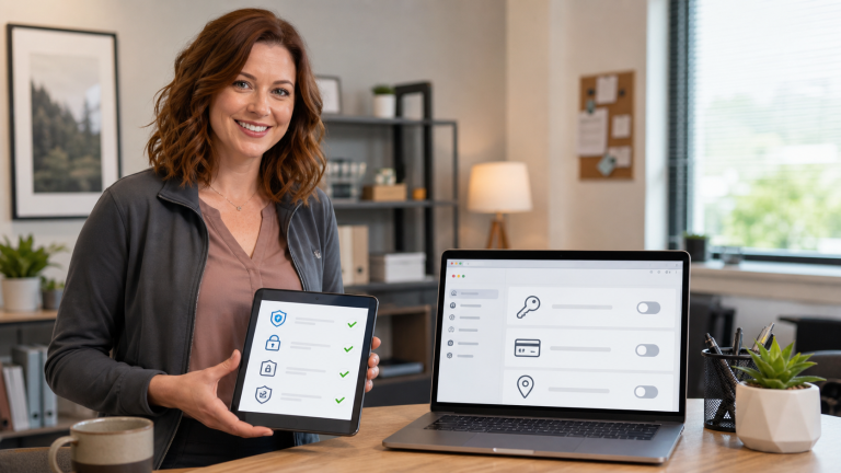 Jennifer helping a small business clean up browser autofill payment cards and saved address settings on a laptop
