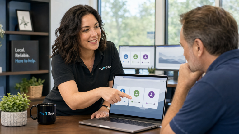Jennifer helping a small business owner separate work banking and personal browser profiles on a laptop