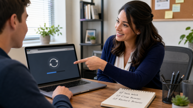 Jennifer helping a small business worker restart a browser to finish a security update