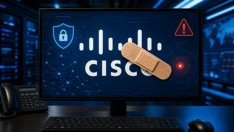 Cisco security alert graphic with a bandage over the Cisco logo, representing CVE-2026-20230 patch guidance for Unified Communications Manager