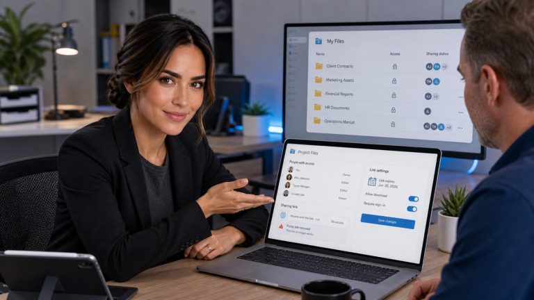 Jennifer reviewing cloud file sharing permissions with named users, locked folders, and expiring links