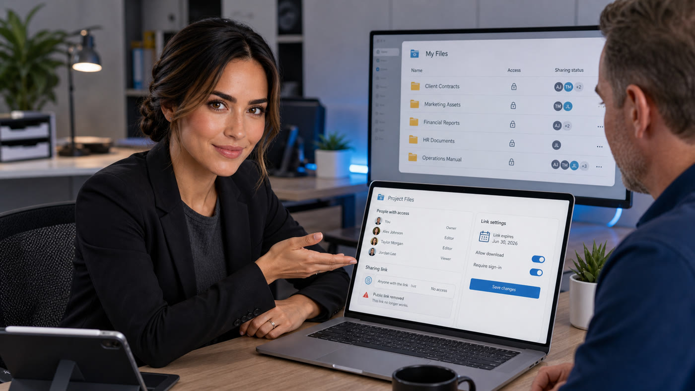 Jennifer reviewing cloud file sharing permissions with named users, locked folders, and expiring links