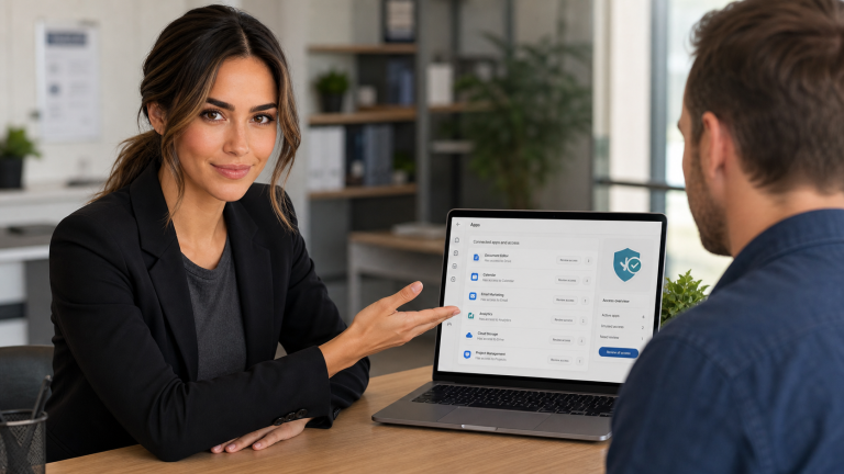 Jennifer helping a small business owner review connected app permissions on a laptop