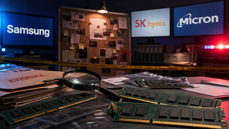 Editorial illustration of DRAM memory modules, evidence folders, and Samsung, SK hynix, and Micron logos in an antitrust investigation scene