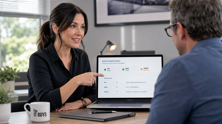 Jennifer helping a small business review SPF DKIM and DMARC email authentication records on a laptop