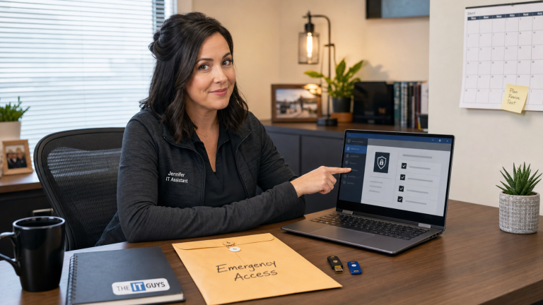 Jennifer IT assistant reviewing an emergency admin access checklist with security keys for a small business