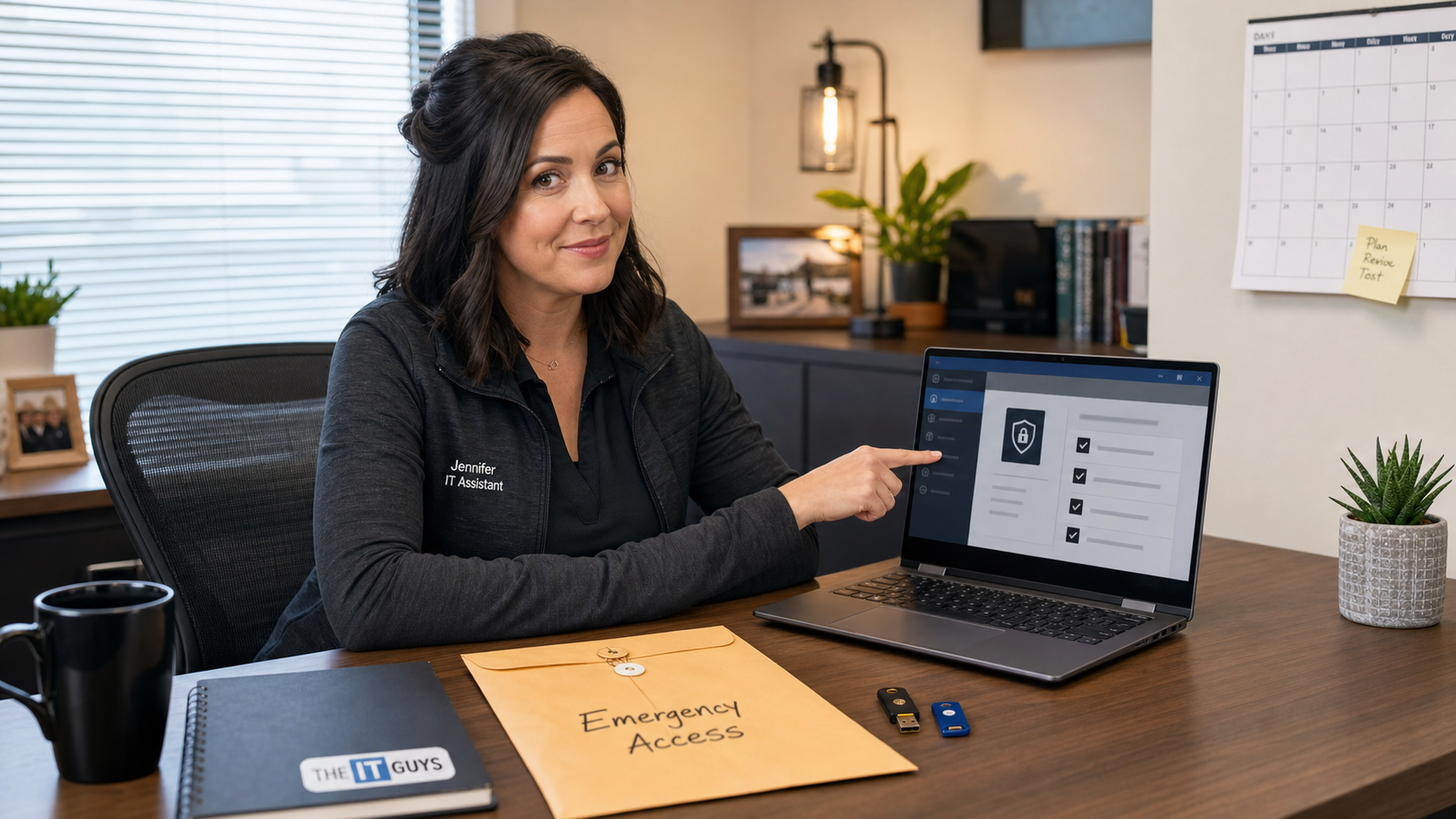 Jennifer IT assistant reviewing an emergency admin access checklist with security keys for a small business